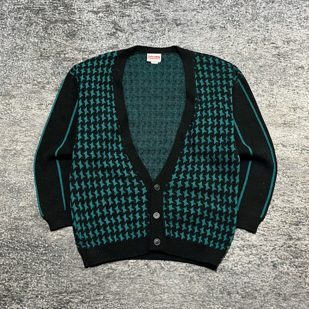 Vintage Bonjour Cardigan Sweater Blue Black Size Large Acrylic Pattern Cozy USA